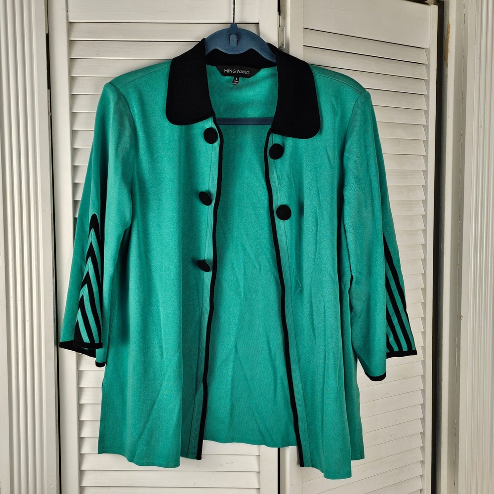 Ming Wang Womens Green Black Open Front Cardigan Large - Missing Button